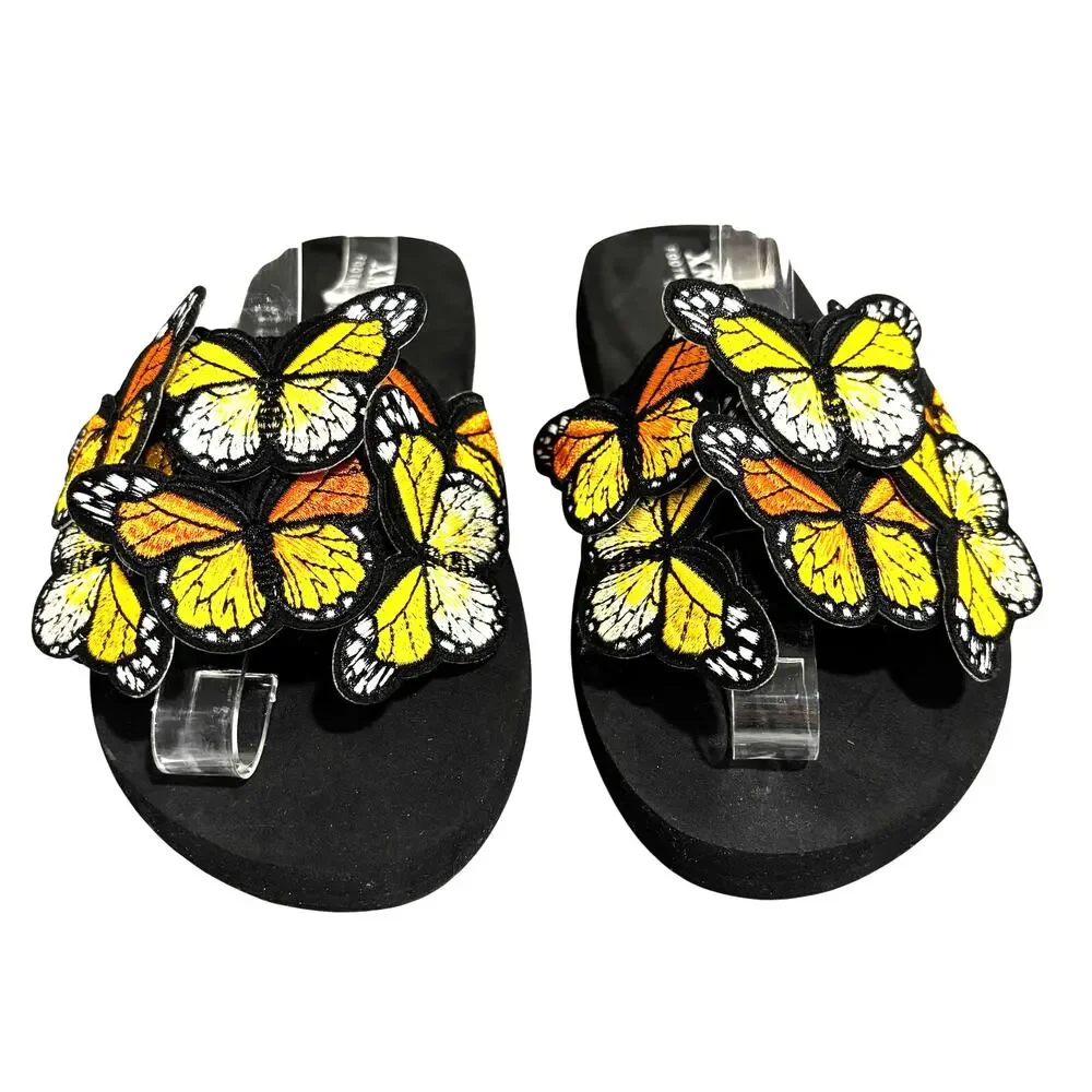XMistuo Butterfly Embellished flip flop slide sandals black orange yellow shoes